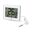 Ψηφιακό θερμόμετρο εσωτερικής και εξωτερικής θερμοκρασίας, με ενσύρματο εξωτερικό αισθητήρα και ρολόι, σε λευκό χρώμα.