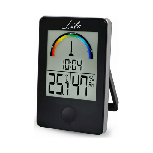 Ψηφιακό θερμόμετρο / υγρόμετρο εσωτερικού χώρου με ρολόι και έγχρωμη απεικόνιση επιπέδου υγρασίας, σε μαύρο χρώμα.