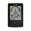 Ψηφιακό θερμόμετρο / υγρόμετρο εσωτερικού χώρου με ρολόι και έγχρωμη απεικόνιση επιπέδου υγρασίας, σε μαύρο χρώμα.